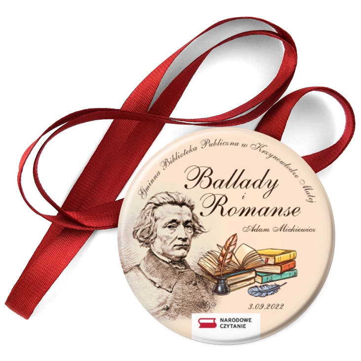 przypinka medal Narodowe Czytanie 2022 Biblioteka w Krzynowłodze Małej
