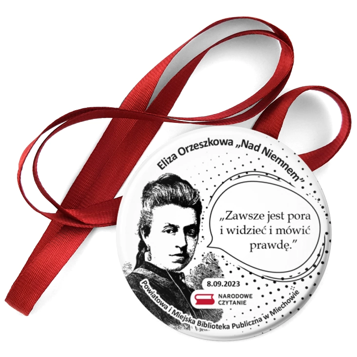 przypinka medal Narodowe Czytanie 2023 Biblioteka w Miechowie