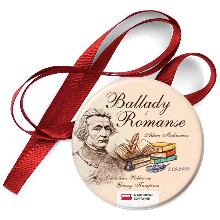 przypinka medal Narodowe Czytanie Biblioteka Kampinos