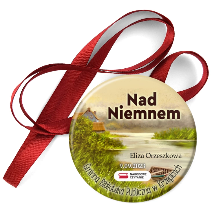 przypinka medal Narodowe Czytanie Biblioteka w Krzepicach