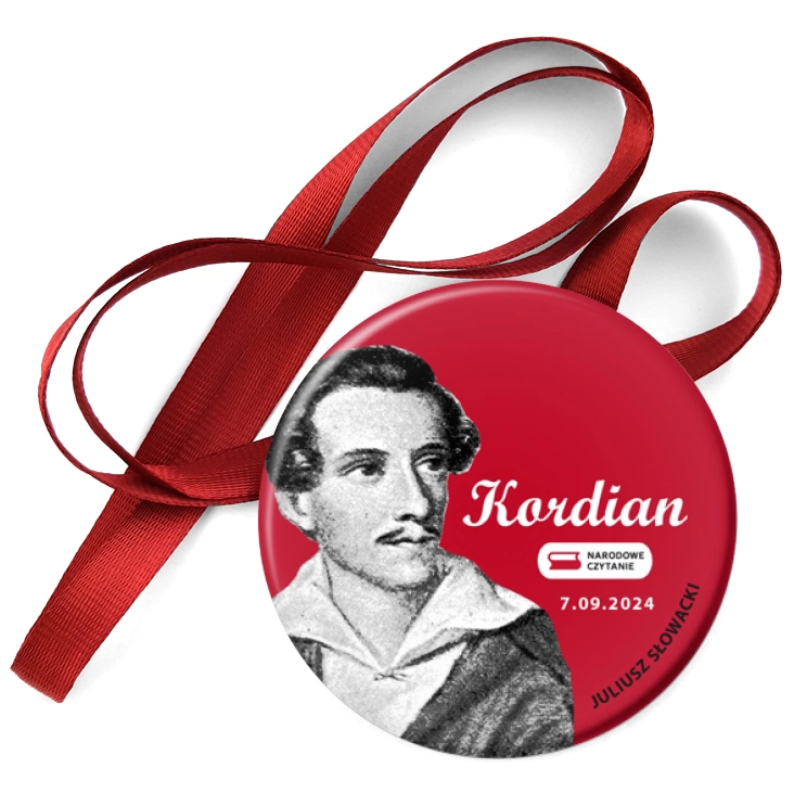 przypinka medal Narodowe czytanie Kordian Juliusz Słowacki na czerwonym tle