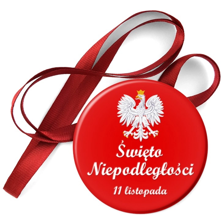 przypinka medal Narodowe Święto Niepodległości na czerwonym tle