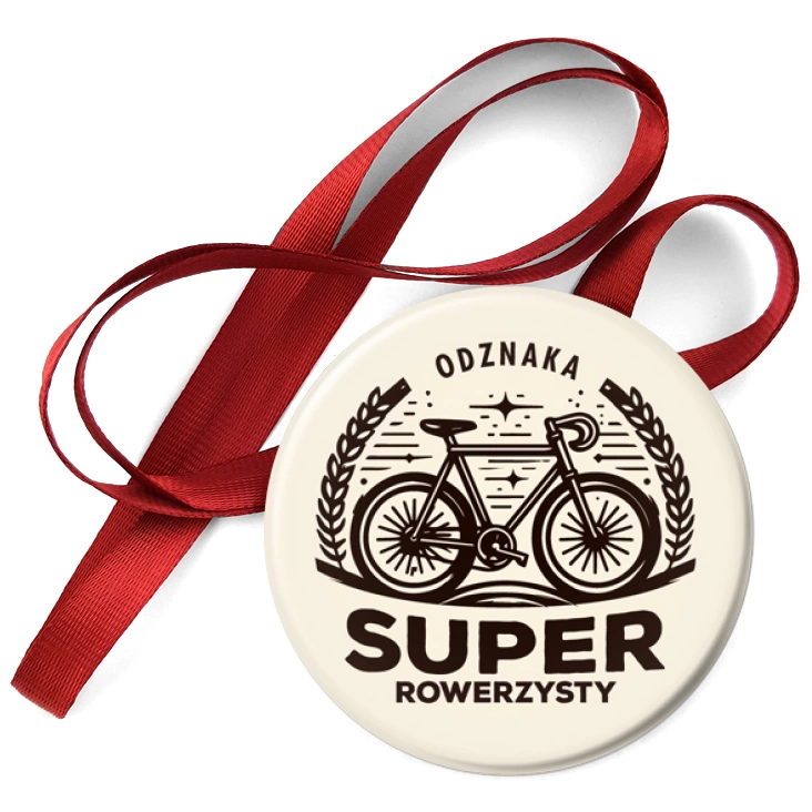 przypinka medal Odznaka Super Rowerzysty na kremowym tle