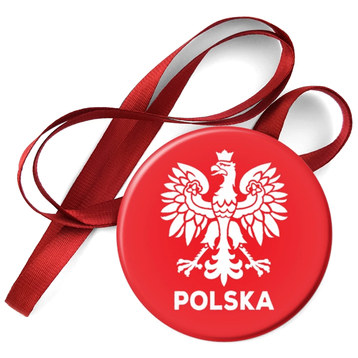 przypinka medal Orzeł i napis Polska na czerwonym tle