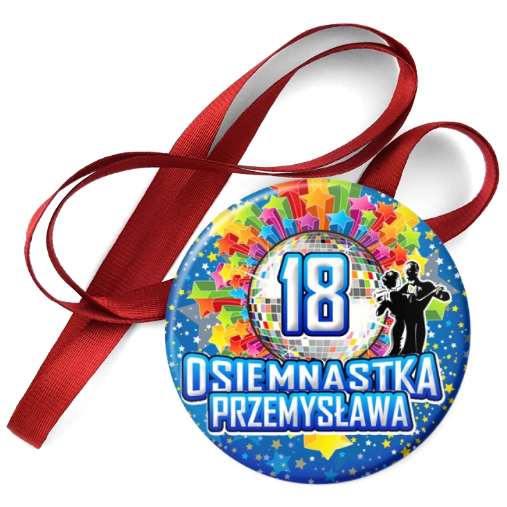 przypinka medal Osiemnastka z imieniem i kulą disco