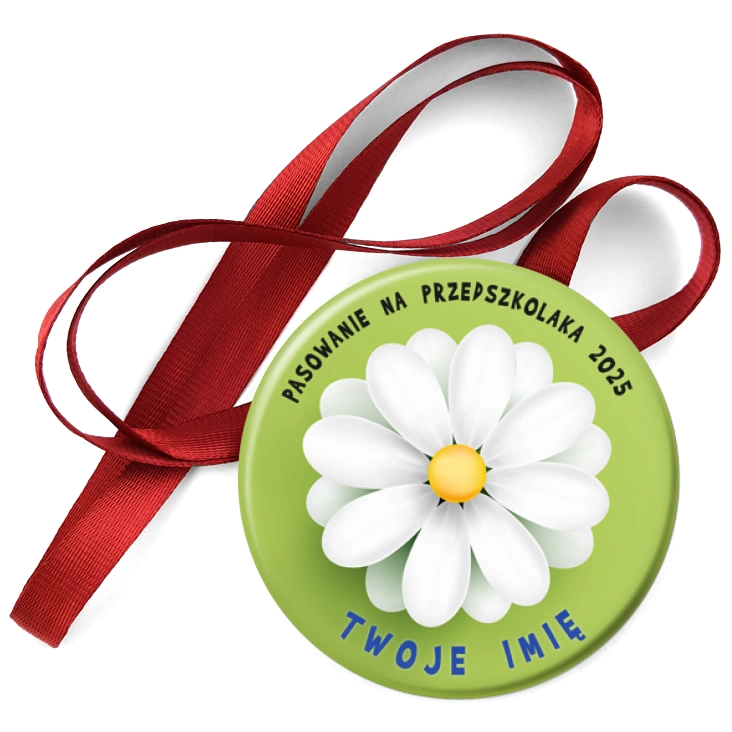 przypinka medal Pasowanie na przedszkolaka Stokrotki na zielonym tle