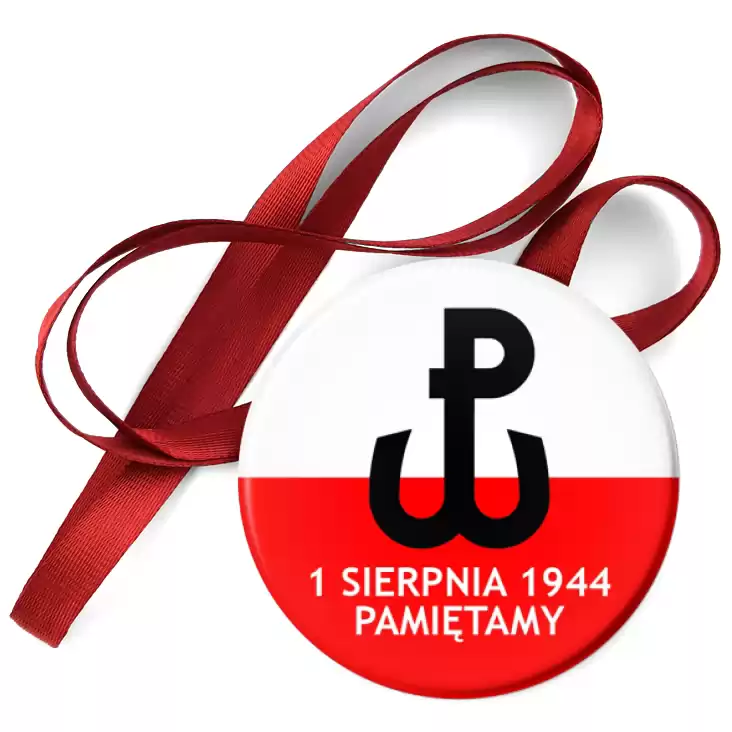 przypinka medal Powstanie Warszawskie Pamiętamy biało-czerwone tło