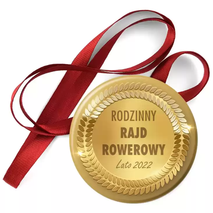 przypinka medal Rodzinny Rajd Rowerowy na złotym tle
