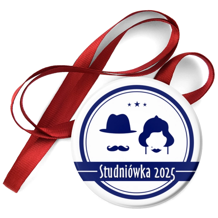 przypinka medal Studniówka granatowa retro z wąsem i kapeluszem