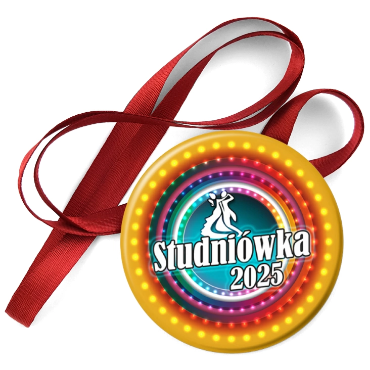 przypinka medal Studniówka i para w okręgach z żarówek