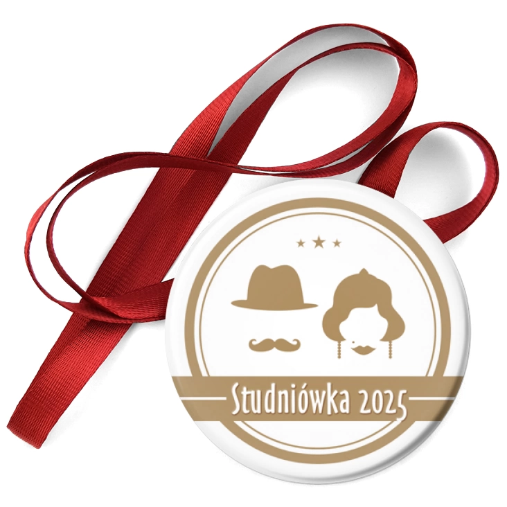 przypinka medal Studniówka retro z wąsem i kapeluszem