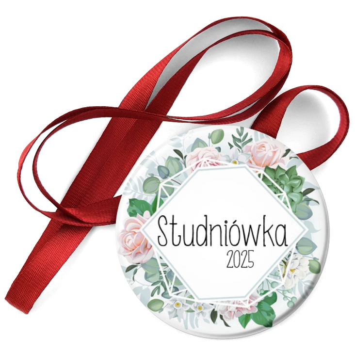 przypinka medal Studniówka w delikatnych kwiatach