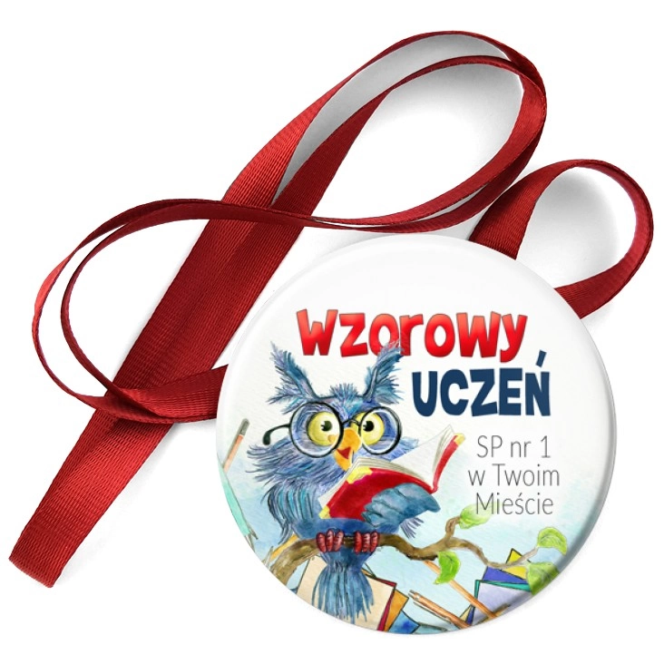 przypinka medal Wzorowy Uczeń sowa w okularach