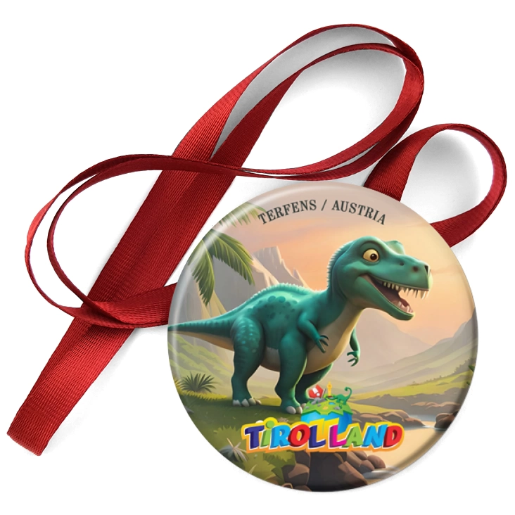 przypinka medal Zielony tyranozaur na tle gór Tirolland