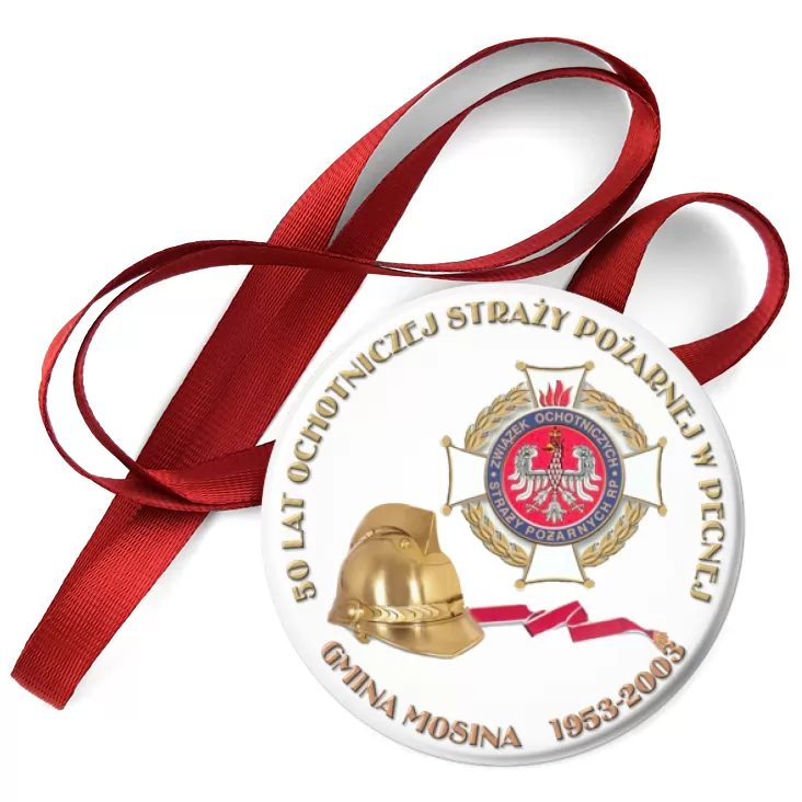 przypinka medal 50 lat Ochotniczej Straży Pożarnej w Pecnej