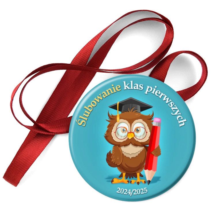 przypinka medal Ślubowanie klas pierwszych sowa z ołówkiem