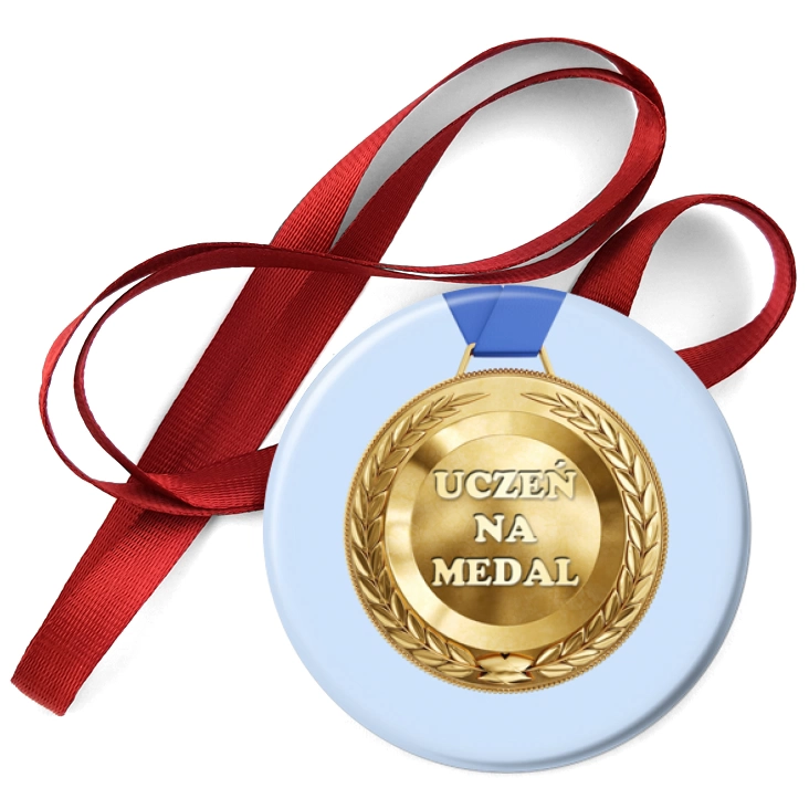 przypinka medal Uczeń na medal na niebieskim tle