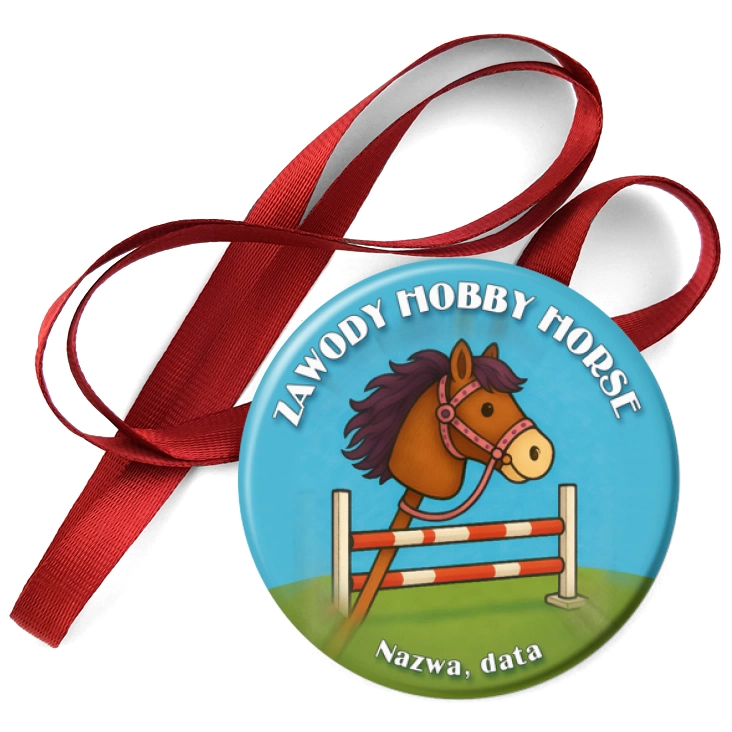 przypinka medal Zawody hobby horse na niebieskim tle
