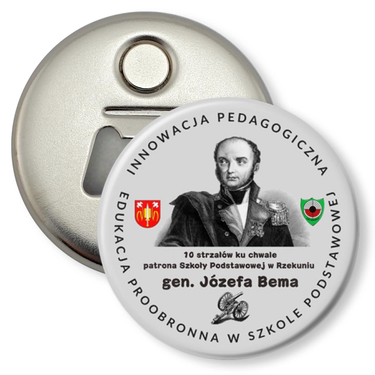 przypinka otwieracz-magnes 10 strzałów ku chwale patrona SP w Rzekuniu