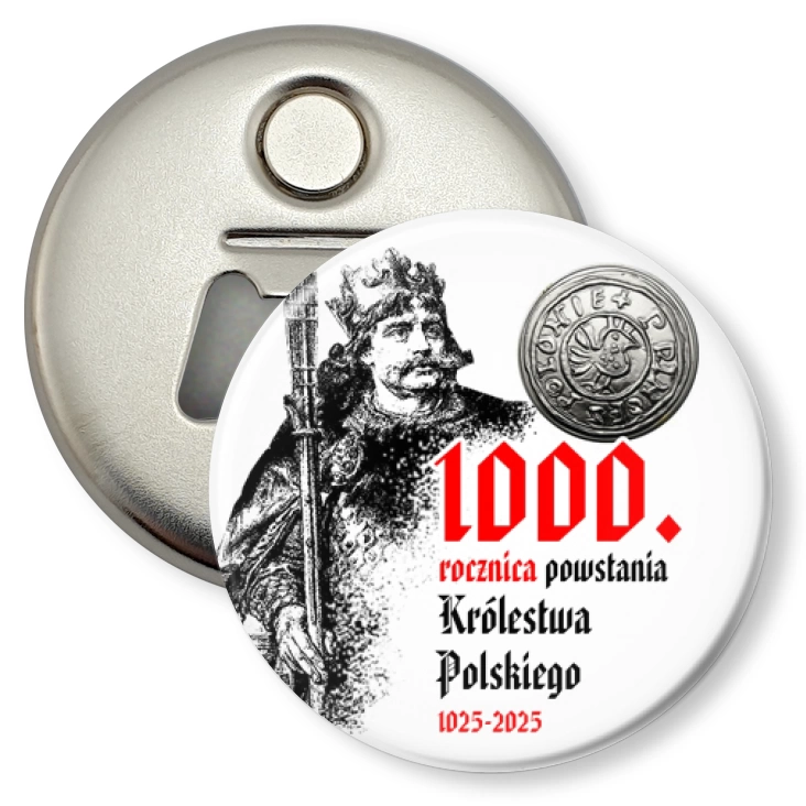 przypinka otwieracz-magnes 1000 rocznica Królestwa Polskiego z denarem