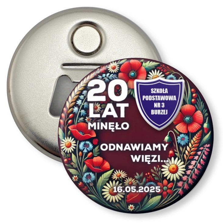 przypinka otwieracz-magnes 20 lat minęło SP nr 3 w Burzej