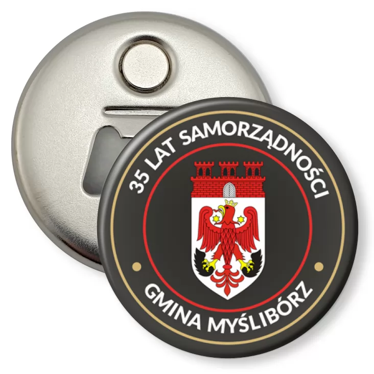 przypinka otwieracz-magnes 35 lat samorządności Gminy Myślibórz