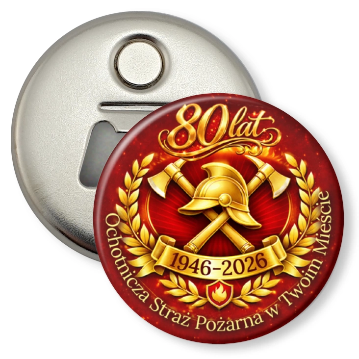 przypinka otwieracz-magnes 80 lat Ochotnicza Straż Pożarna w Twoim Mieście