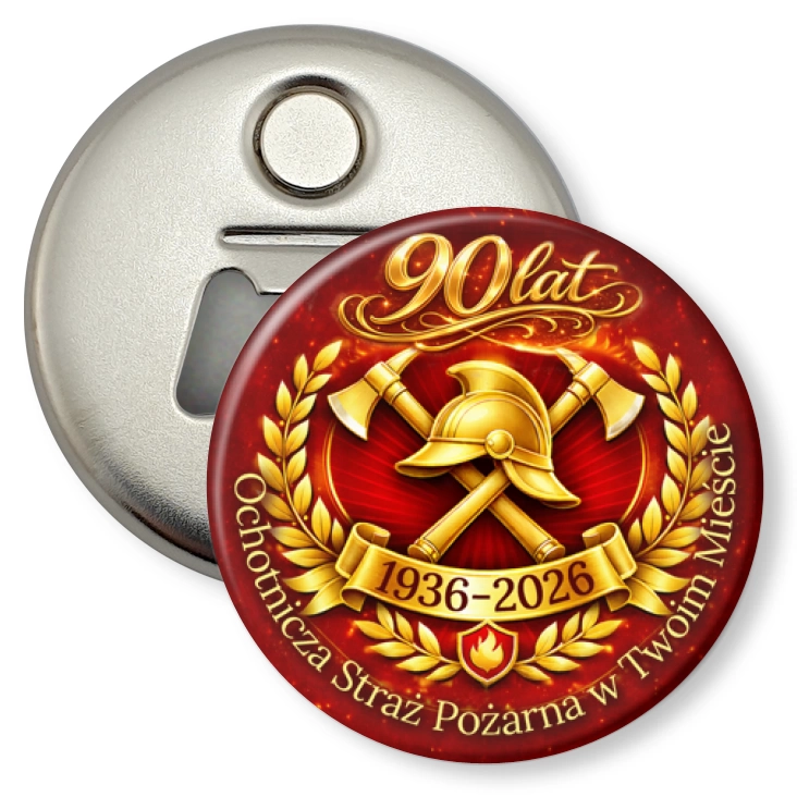 przypinka otwieracz-magnes 90 lat Ochotnicza Straż Pożarna w Twoim Mieście