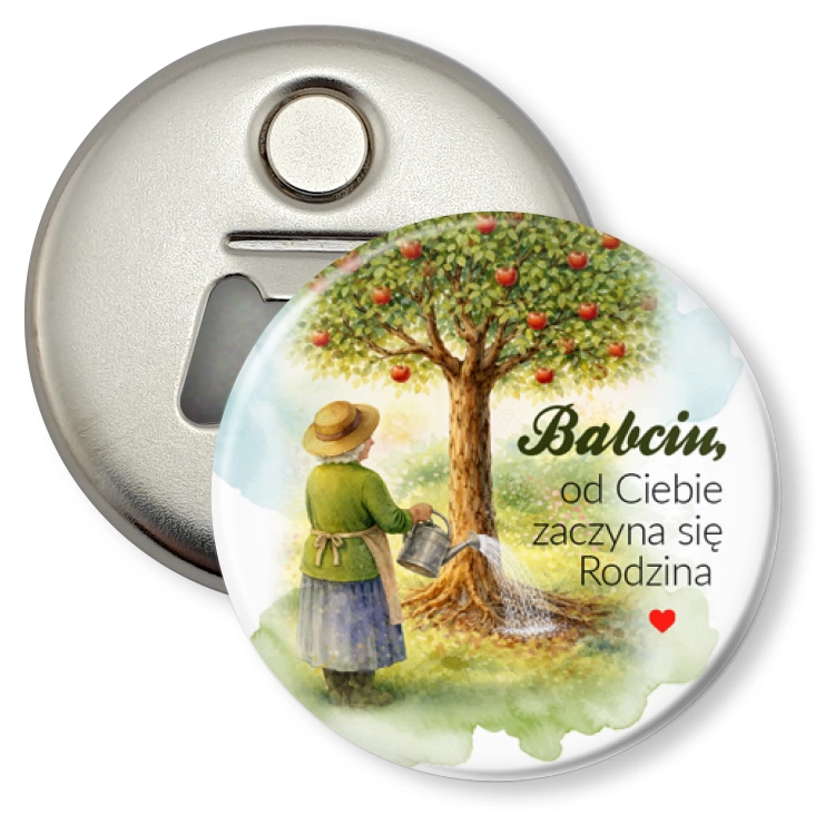 przypinka otwieracz-magnes Babcia pielęgnuje drzewo rodzinne