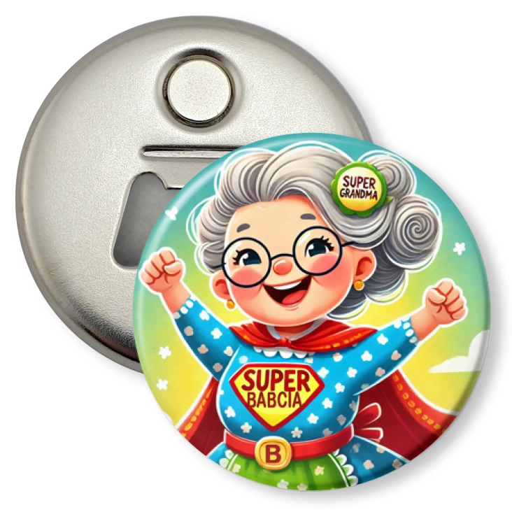 przypinka otwieracz-magnes Babcia superbohaterka