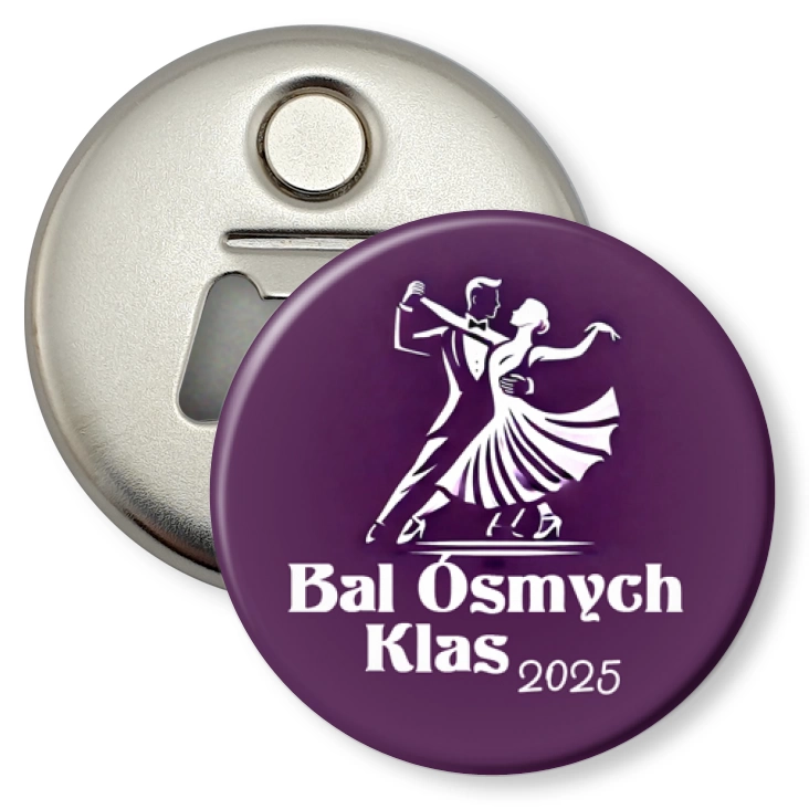 przypinka otwieracz-magnes Bal ósmoklasisty fioletowa z parą i muszkami