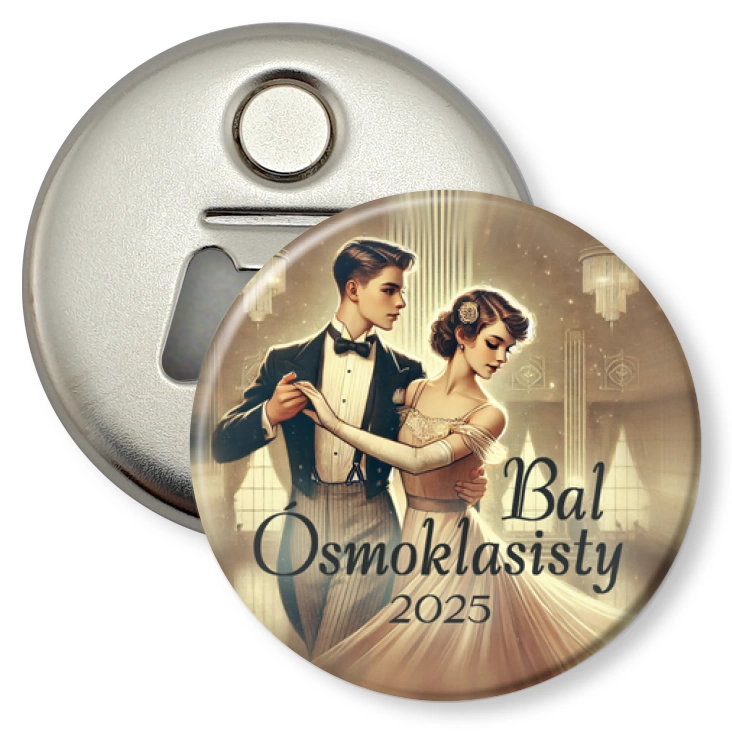 przypinka otwieracz-magnes Bal ósmoklasisty w stylu retro
