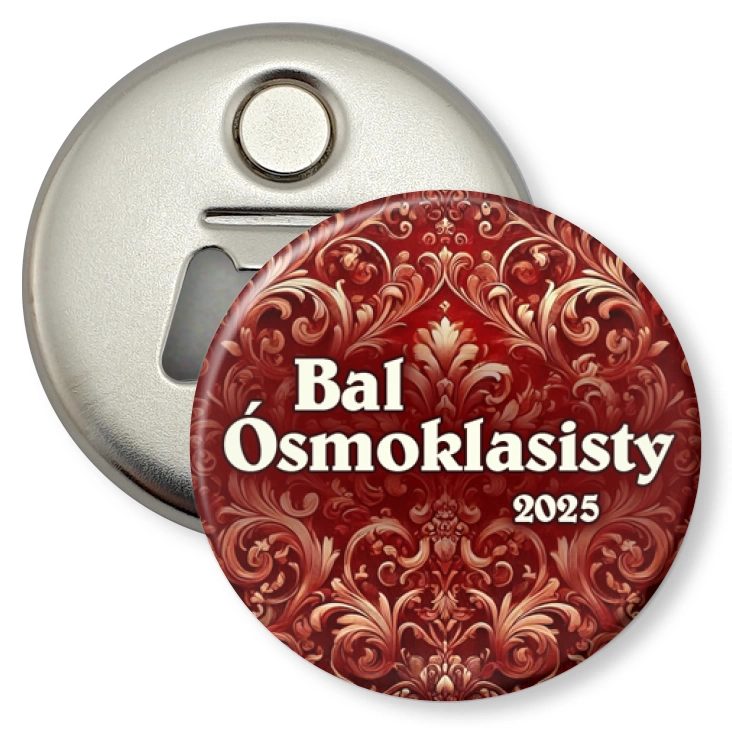 przypinka otwieracz-magnes Bal Ósmoklasisty wzorzysty karmin