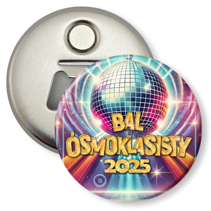 przypinka otwieracz-magnes Bal ósmych klas z kulą i sceną disco