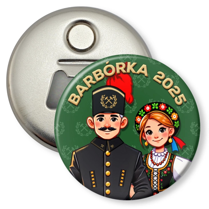 przypinka otwieracz-magnes Barbórka górnik w mundurze górniczym