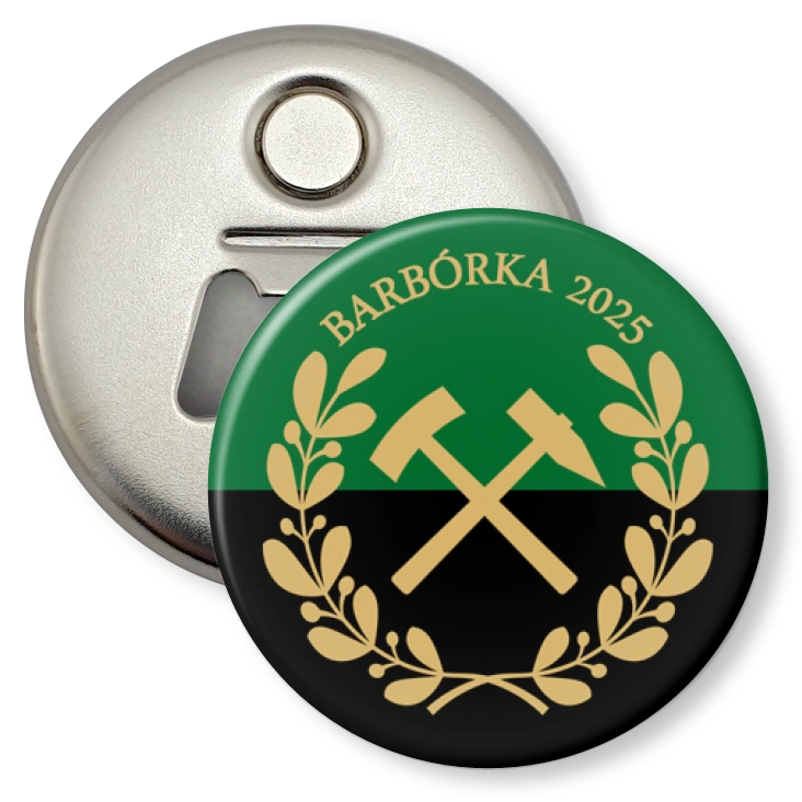 przypinka otwieracz-magnes Barbórka zielono-czarna