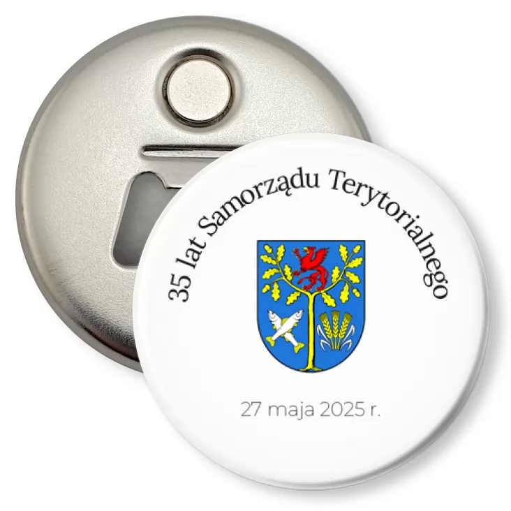 przypinka otwieracz-magnes Białogard 35 lat Samorządu Terytorialnego