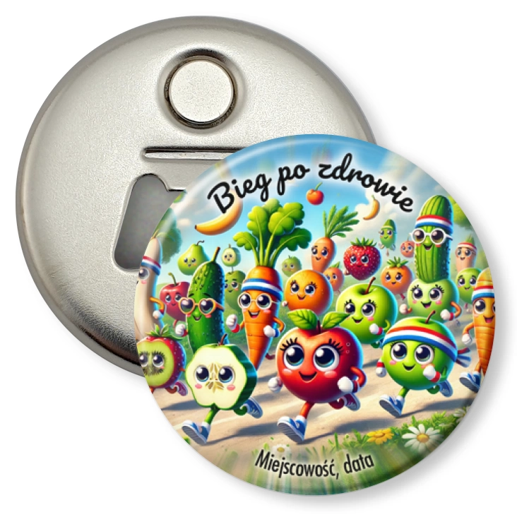 przypinka otwieracz-magnes Bieg po zdrowie wegański