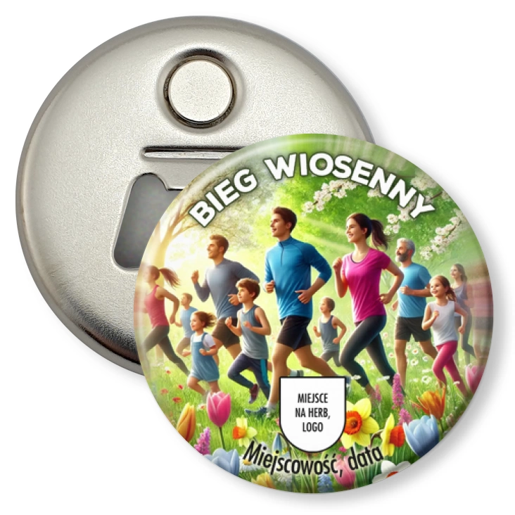 przypinka otwieracz-magnes Bieg wiosenny pośród kwiatów