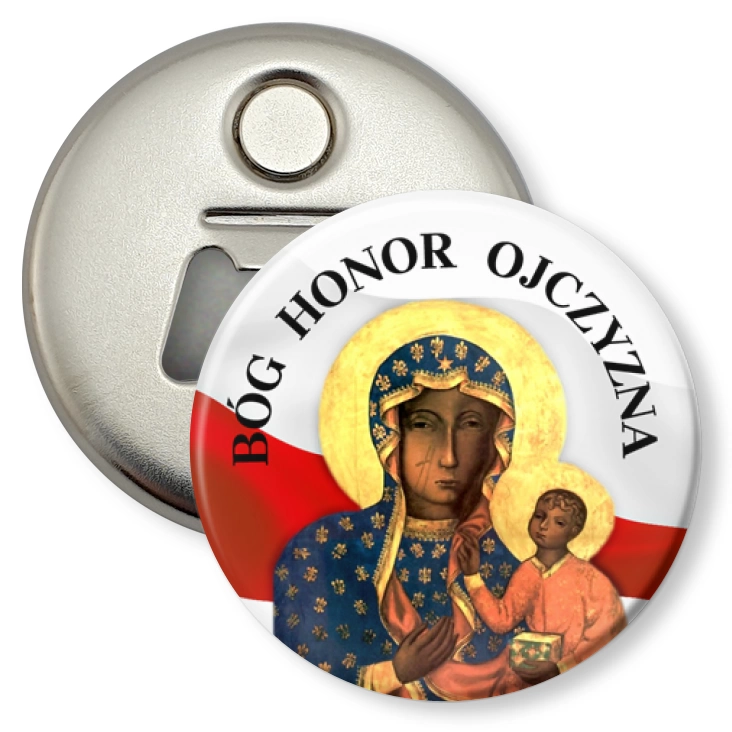 przypinka otwieracz-magnes Bóg Honor Ojczyzna Matka Boska
