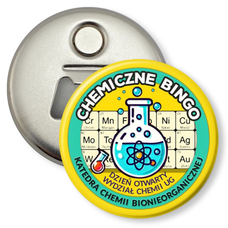 przypinka otwieracz-magnes Chemiczne Bingo