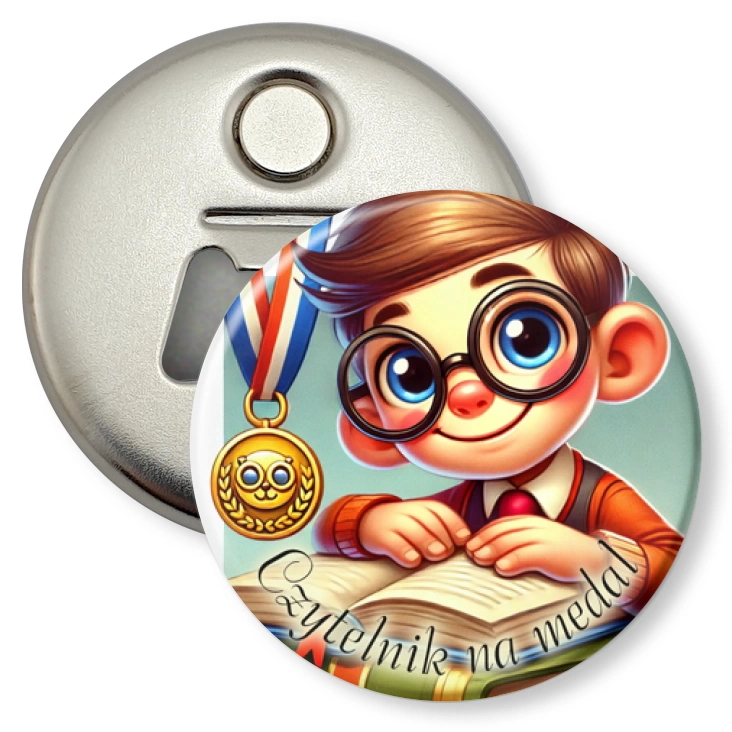 przypinka otwieracz-magnes Czytelnik na medal