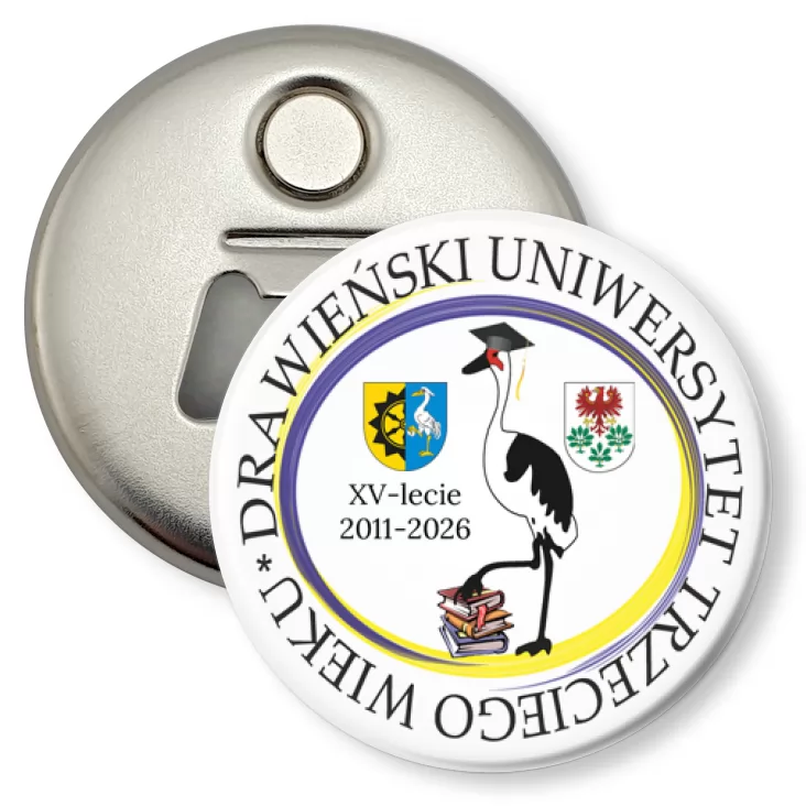 przypinka otwieracz-magnes Drawieński Uniwersytet Trzeciego Wieku XV-lecie