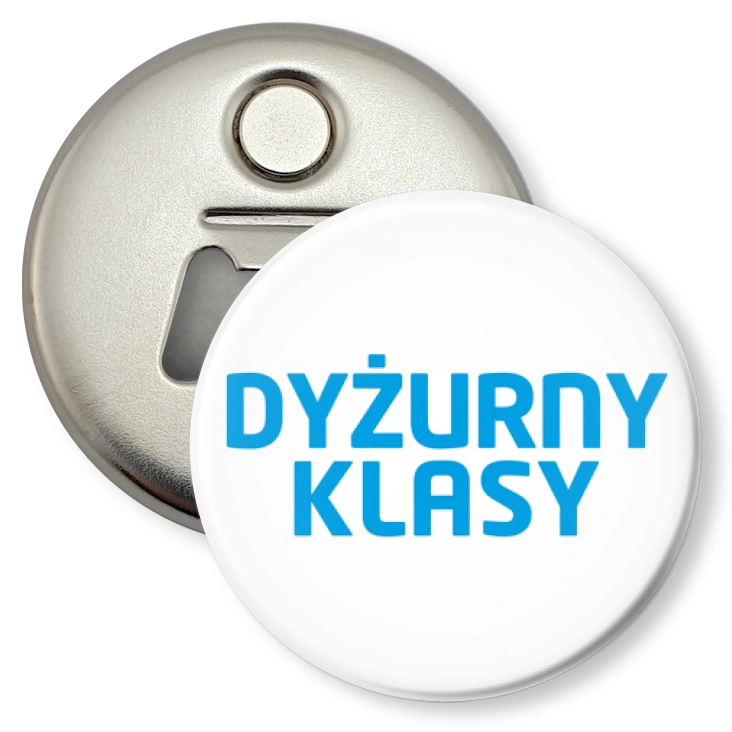 przypinka otwieracz-magnes Dyżurny klasy niebieski napis