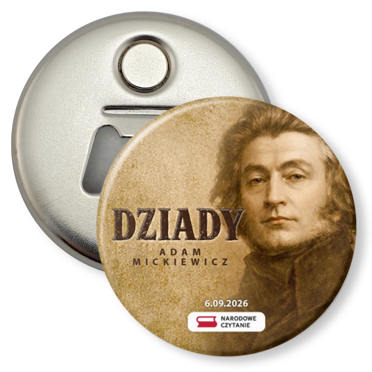 przypinka otwieracz-magnes Dziady Adam Mickiewicz sepia