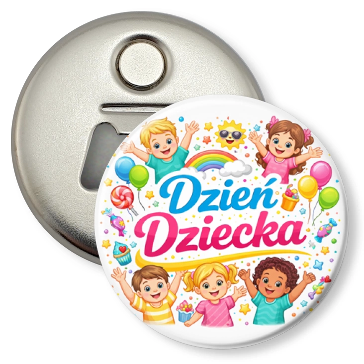 przypinka otwieracz-magnes Dzień Dziecka baloniki i tęcza