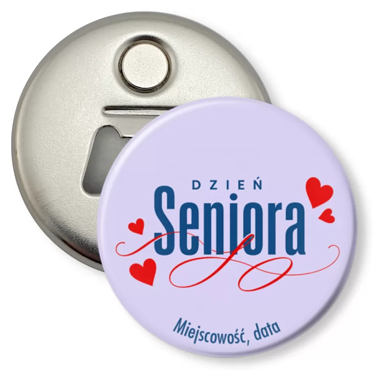 przypinka otwieracz-magnes Dzień Seniora na fioletowym tle