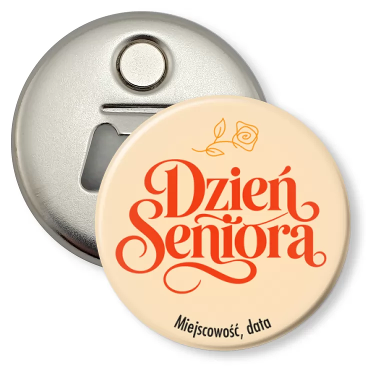 przypinka otwieracz-magnes Dzień Seniora ozdobny napis