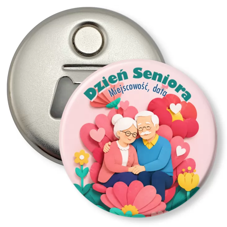 przypinka otwieracz-magnes Dzień Seniora para seniorów w kwiatach