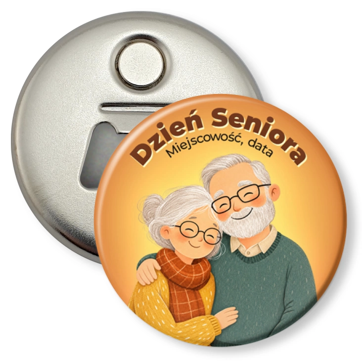 przypinka otwieracz-magnes Dzień Seniora uśmiechnięta para seniorów